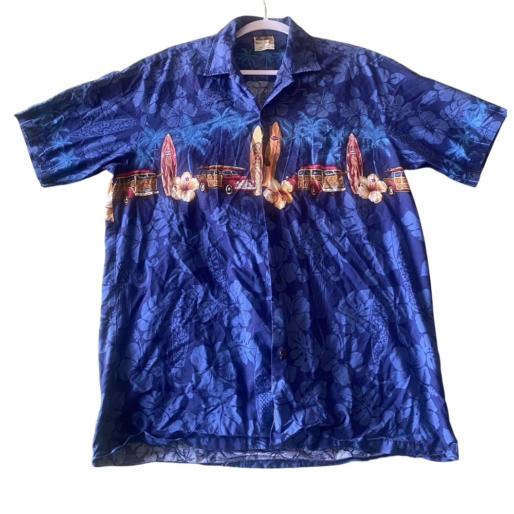 Winnie Fashion Mens Blue Cotton Hawaiian Shirt Woody Car Surfboard Hibiscus L